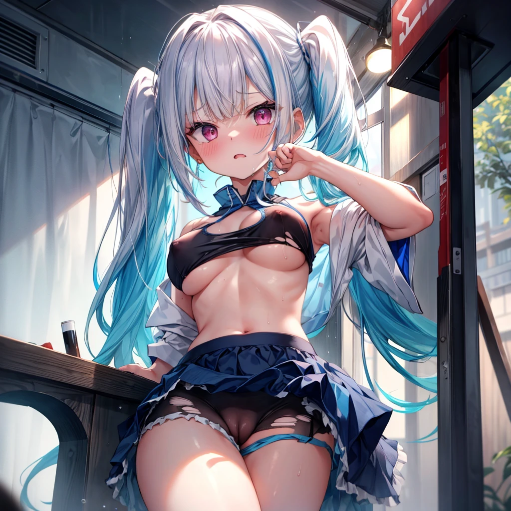 ((Highest quality)), ((masterpiece)), ((detailed)), 4K, (nsfw), 1girl, 独奏, lightblue hair, long hair, side ponytail, large breasts, sports bra, show off nipple, torn bike shorts, (pussy), sweat, rain, wet, blush, angry, aroused, (girl trembling with sexual climax), stand, open legs, looking at viewer, (from below), (looking down)
