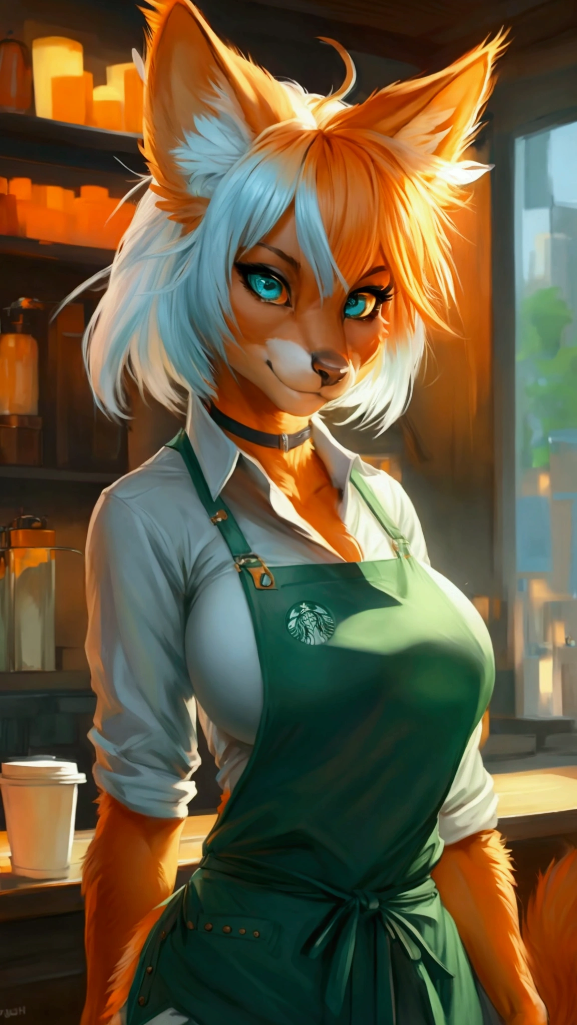 (anthro)) vixen/fox, Ross Tran, by ruan jia, by zaush, by foxovh, by cutesexyrobutts, by cervina_7, by sligarthetiger, Best Quality, masterpiece,, Illustration, Wallpaper,1girl in, Solo, orange fur, white hair, mohawk on one side, ,mohawk haircut, the end tips of hair are aqua blue, dot piercings 3 in 2 row down her snoot, multipule golden ear piercings , golden yellow eyes, glowing eyes, Beautiful detailed girl, extremely detailed eye and face, black dragon tattoo on her arm, tattoos, Beautiful detailed eyes, natural_Lighting, Looking at Viewer, Thick_thighs, big ass, tall, hourglass figure, female, cute, Starbuck, casher, barista, Starbucks apron, large breasts, natural breasts, tail, tall, happy expresion, wide hips thin waist, 8k