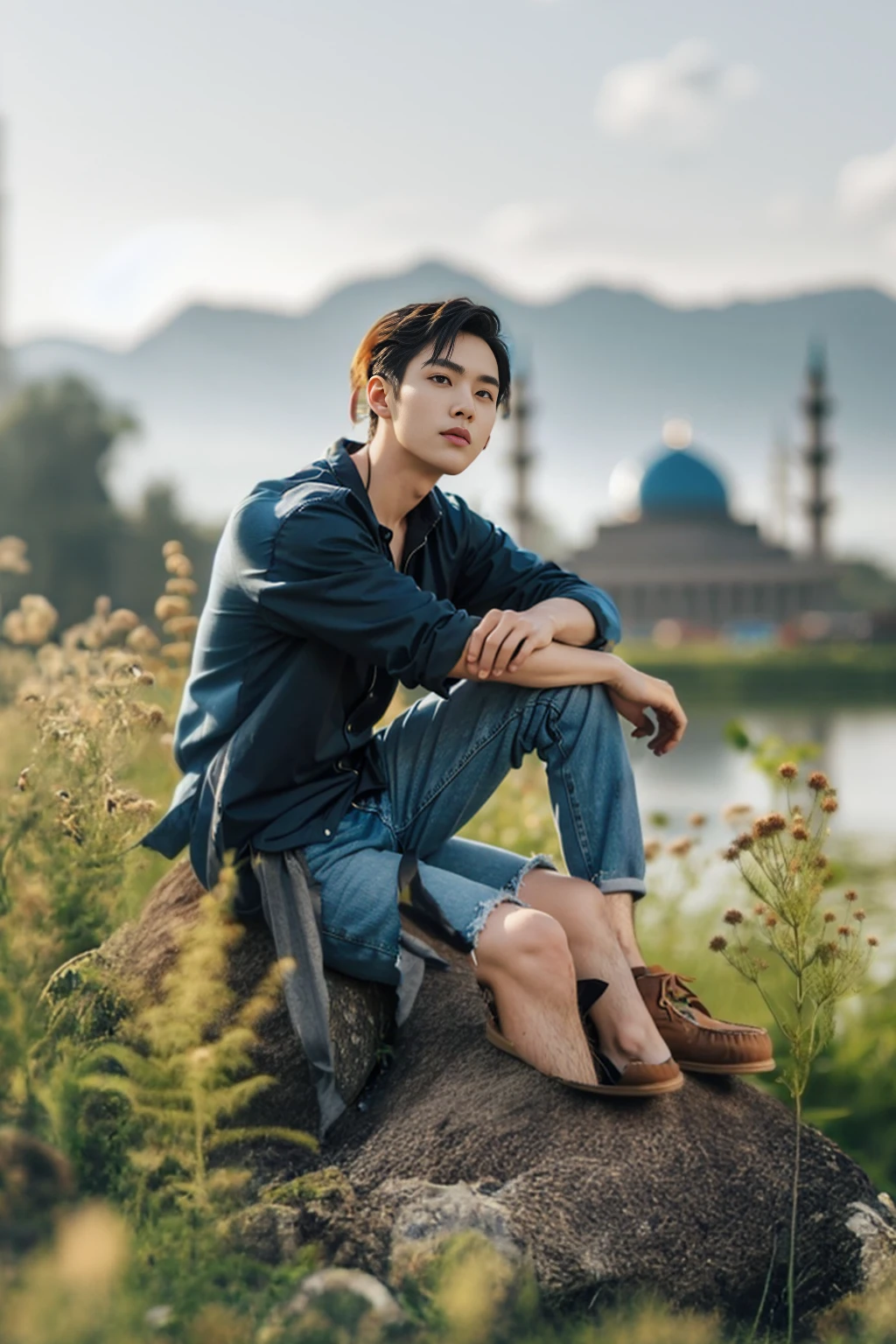 arafed asian man sitting on a rock in a field, casual photography, high quality portrait, casual pose, male ulzzang, mid shot portrait, modeling photography, sitting on a rock, photoshoot, cinematic outfit photo, portrait shot, character photography, beautiful androgynous prince, south korean male, realistic photography, sitting on the ground
