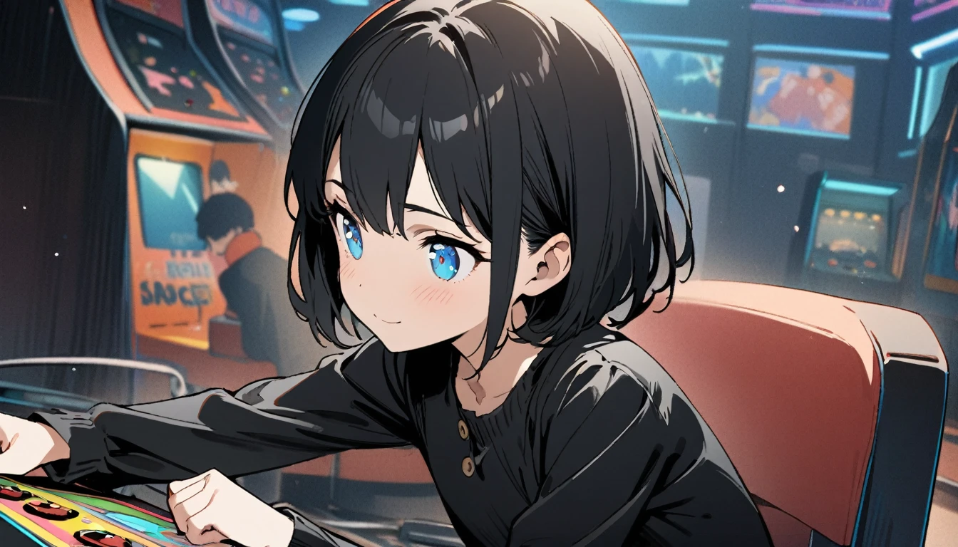 1girl, solo, blue eyes, (detailed eyes), flat chest, short hair, black hair, upper body, gentle smile on her face, , sitting up straight, black dress long sleeve ((masterpiece, illustration, best quality)) girl in a retro arcade, Playing games