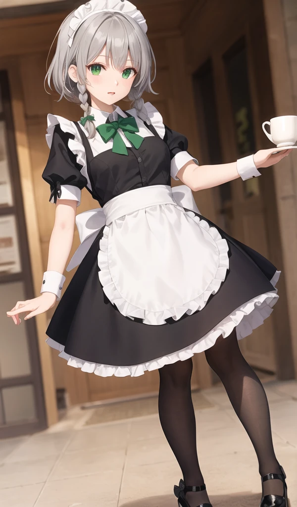 Blurryry, Blurryry_background, Blurryry_prospect, depth_of_Field, Izayoi_Sakuya, Maid_Head ornament, motion_Blurry, 1人of女of子, Maid, twin_Braidings, Braiding, apron, Silver_hair, photograph_\(Moderate\), pantyhose, alone, Waist_apron, Puffy_sleeve, expensive_Heel, bow, green_bow, Puffy_short_sleeve, black_footwear, green_eye, short_sleeve, hair_bow