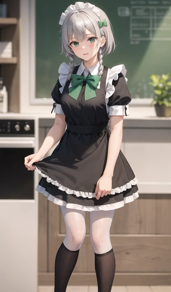 Blurryry, Blurryry_background, Blurryry_prospect, depth_of_Field, Izayoi_Sakuya, Maid_Head ornament, motion_Blurry, 1人of女of子, Maid, twin_Braidings, Braiding, apron, Silver_hair, photograph_\(Moderate\), pantyhose, alone, Waist_apron, Puffy_sleeve, expensive_Heel, bow, green_bow, Puffy_short_sleeve, black_footwear, green_eye, short_sleeve, hair_bow