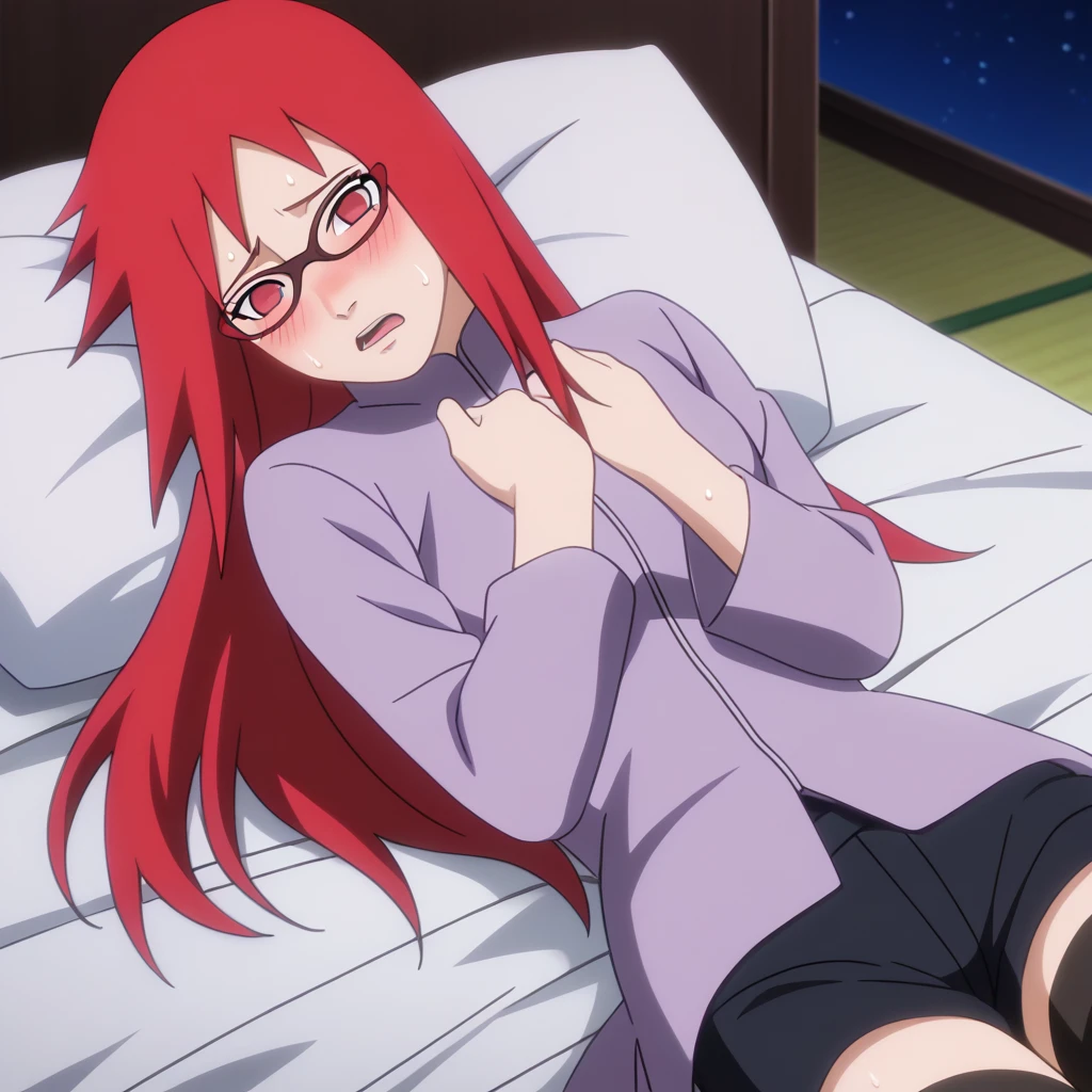 Red hair, 1 Girl, Glasses, Long hair, Red Eyes, Solitary, Long gown, Black over-the-knee stockings, Black shorts, Umbilical cord, Looking at the audience,No students, Japanese cartoons screencap, Japanese cartoons coloring,src_Japanese cartoons,Naruto \(series\), Naruto shippuuden,((blush,nervous,Vision,))masterpiece, absurd , (Intricate details), (Colorful), light, Extremely detailed CG unity 8k wallpaper ,1 Girl, solo,(shy,In the hotel,Lying on the bed,night,blush,nervous,Sweating,蕾丝dress, ),sweat,blush,blush1.5,Blush,Medium chest,((dress,Black stockings,luxurious hotel,night,)),(dress,Lying in bed,Uncomfortable expression,Mouth open,spit)