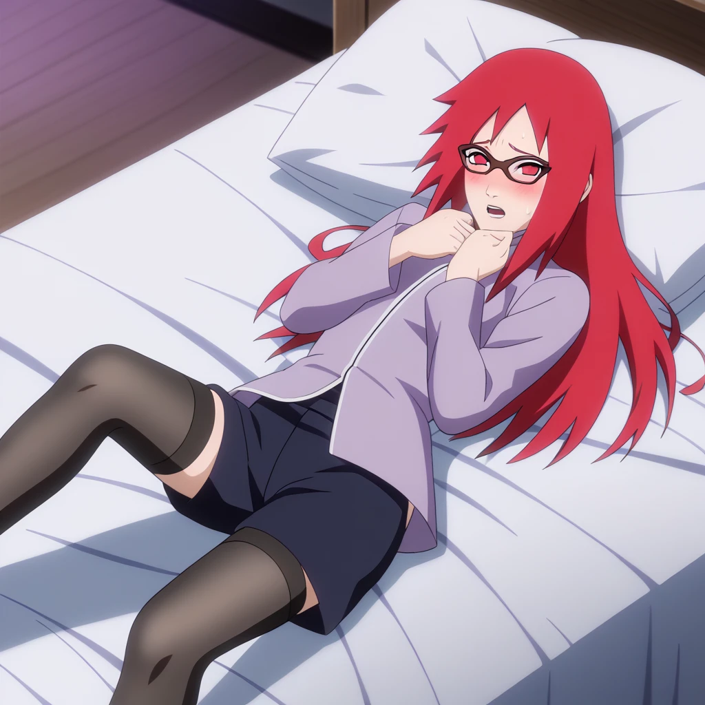 Red hair, 1 Girl, Glasses, Long hair, Red Eyes, Solitary, Long gown, Black over-the-knee stockings, Black shorts, Umbilical cord, Looking at the audience,No students, Japanese cartoons screencap, Japanese cartoons coloring,src_Japanese cartoons,Naruto \(series\), Naruto shippuuden,((blush,nervous,Vision,))masterpiece, absurd , (Intricate details), (Colorful), light, Extremely detailed CG unity 8k wallpaper ,1 Girl, solo,(shy,In the hotel,Lying on the bed,night,blush,nervous,Sweating,蕾丝dress, ),sweat,blush,blush1.5,Blush,Medium chest,((dress,Black stockings,luxurious hotel,night,)),(dress,Lying in bed,Uncomfortable expression,Mouth open,spit)