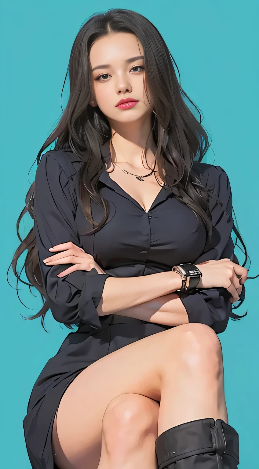 woman with black hair, big breast, blue eyes, wearing black dress, sitting, legs crossed, masterpiece,