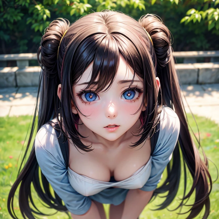 Loli anime girl, Realistic shadows, Delicate skin, The breasts are very small, Black Hair, Very detailed, 8k highly detailed face, Perfect face shape, Full, perfect lips, Perfect nose, Correction of beautiful eyes, Viewers, White shirt, Flowering, masterpiece, best quality, Single Girl, very good, No, Solitary