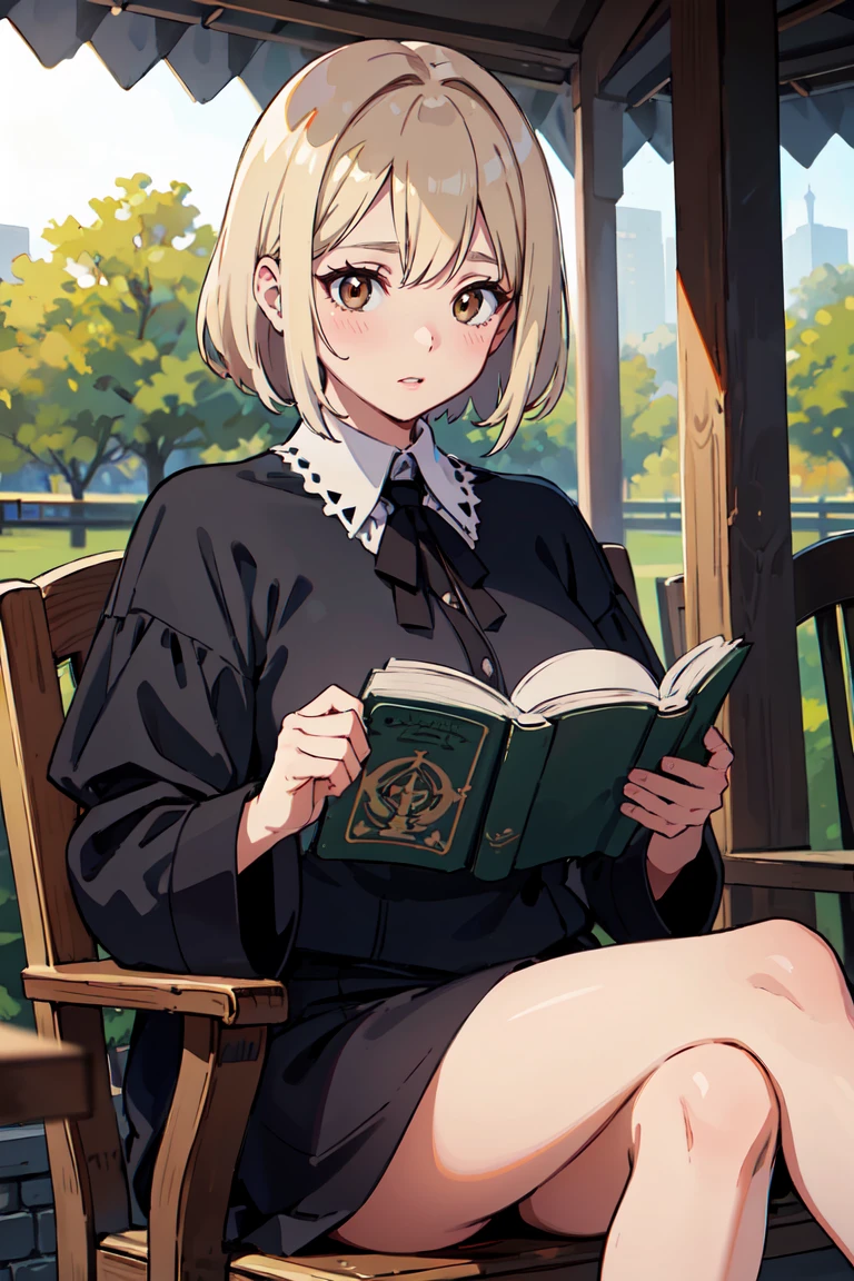 masterpiece, best quality, highly detailed background, perfect lighting, best quality, (extremely detailed face), volumetric lighting, intricate details, shadow, tonemapping, sharp focus, hyper detailed, trending on Artstation, (solo) ((Looking at the book)) .Girl with short blond hair. Brown eyes. curvy. Blush, Clear skin. Big bust.((Gothic dressed)). ((Sitting in the park reading)) ((Eyes looking down))