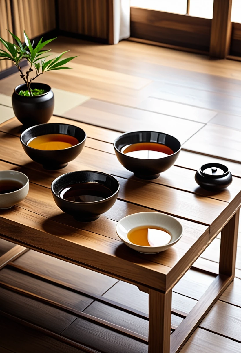 there are three bowls of tea on a Wooden table, Tea ceremony scene, simple furniture, Luxury wooden coffee table, Japan Design, detailed Wooden table, chef table, on wooden pallet, author：Kano&#39;s Travels, Japanese style, author：Tanibun, Inspired by Hideo Domoto, Wooden table, simple design