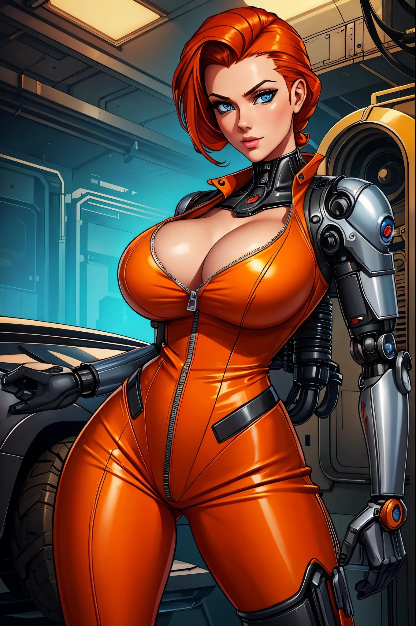 A gorgeous female mechanic in an atompunk style, with a blank background, wearing an unzipped orange jumpsuit revealing cleavage, featuring a mechanical hand and cybernetic augments, in a retro-futuristic setting with gunmetal grey tones, ginger hair, clear blue eyes