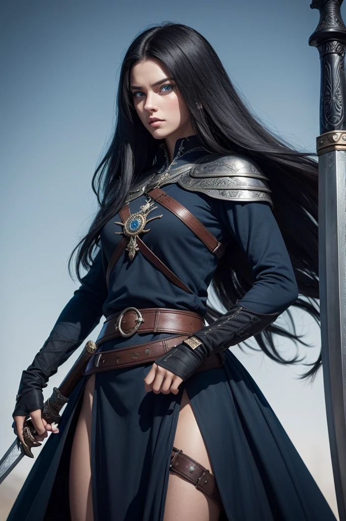 Create a strong tall character. bonitas. blackquality hair. blue eyes. Holding a medieval style sword. Attention to the details.