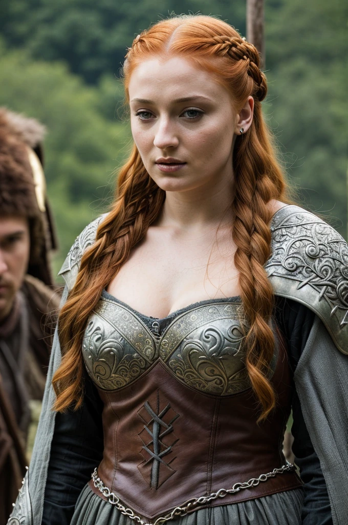 Foto RAW, Sansa Stark, Extremely gorgeous lady, Sansa Stark PLAYED BY Sophie Turner, Full figured woman, heavy physique, voluptuous, curvy, Full figured lady, thick fleshy figure, bulky figure, beautifully styled hair, Queen Sansa Stark, she a mature woman now, milf, sexy mediaeval battle dress, gladiator woman, body, 45 years old Woman, body revealing costumes, perky breast, alluring figure, big natural breast, mediaeval costumes, mediaeval queen dress, erotic costumes, lusty physique, seductive figure can capture every people's attention, Game of thrones costumes, revealing captivating figure, Mediaeval costumes, revealing clothes, A tomboy, she would rather fence than dance, warrior queen , game of thrones screen caps, Game of Thrones Series, (pele altamente detalhada: 1.2), 8k UHD, DSLR, soft-lighting, alta qualidade, grain of film, Fujifilm XT3