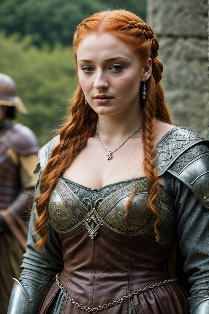 Foto RAW, Sansa Stark, Extremely gorgeous lady, Sansa Stark PLAYED BY Sophie Turner, Full figured woman, heavy physique, voluptuous, curvy, Full figured lady, thick fleshy figure, bulky figure, beautifully styled hair, Queen Sansa Stark, she a mature woman now, milf, sexy mediaeval battle dress, gladiator woman, body, 45 years old Woman, body revealing costumes, perky breast, alluring figure, big natural breast, mediaeval costumes, mediaeval queen dress, erotic costumes, lusty physique, seductive figure can capture every people's attention, Game of thrones costumes, revealing captivating figure, Mediaeval costumes, revealing clothes, A tomboy, she would rather fence than dance, warrior queen , game of thrones screen caps, Game of Thrones Series, (pele altamente detalhada: 1.2), 8k UHD, DSLR, soft-lighting, alta qualidade, grain of film, Fujifilm XT3