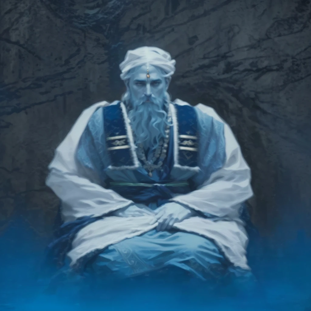 a wise man, guru, sitting in a pose, detailed facial features, intricate robes, ornate jewelry, blue and black background, dramatic lighting, mystical atmosphere, (best quality,4k,8k,highres,masterpiece:1.2),ultra-detailed,(realistic,photorealistic,photo-realistic:1.37),cinematic lighting,dramatic shadows,chiaroscuro,moody atmosphere,spiritual,profound,enigmatic