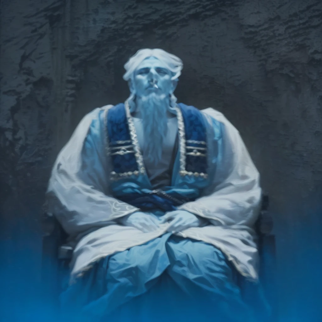 a wise man, guru, sitting in a pose, detailed facial features, intricate robes, ornate jewelry, blue and black background, dramatic lighting, mystical atmosphere, (best quality,4k,8k,highres,masterpiece:1.2),ultra-detailed,(realistic,photorealistic,photo-realistic:1.37),cinematic lighting,dramatic shadows,chiaroscuro,moody atmosphere,spiritual,profound,enigmatic