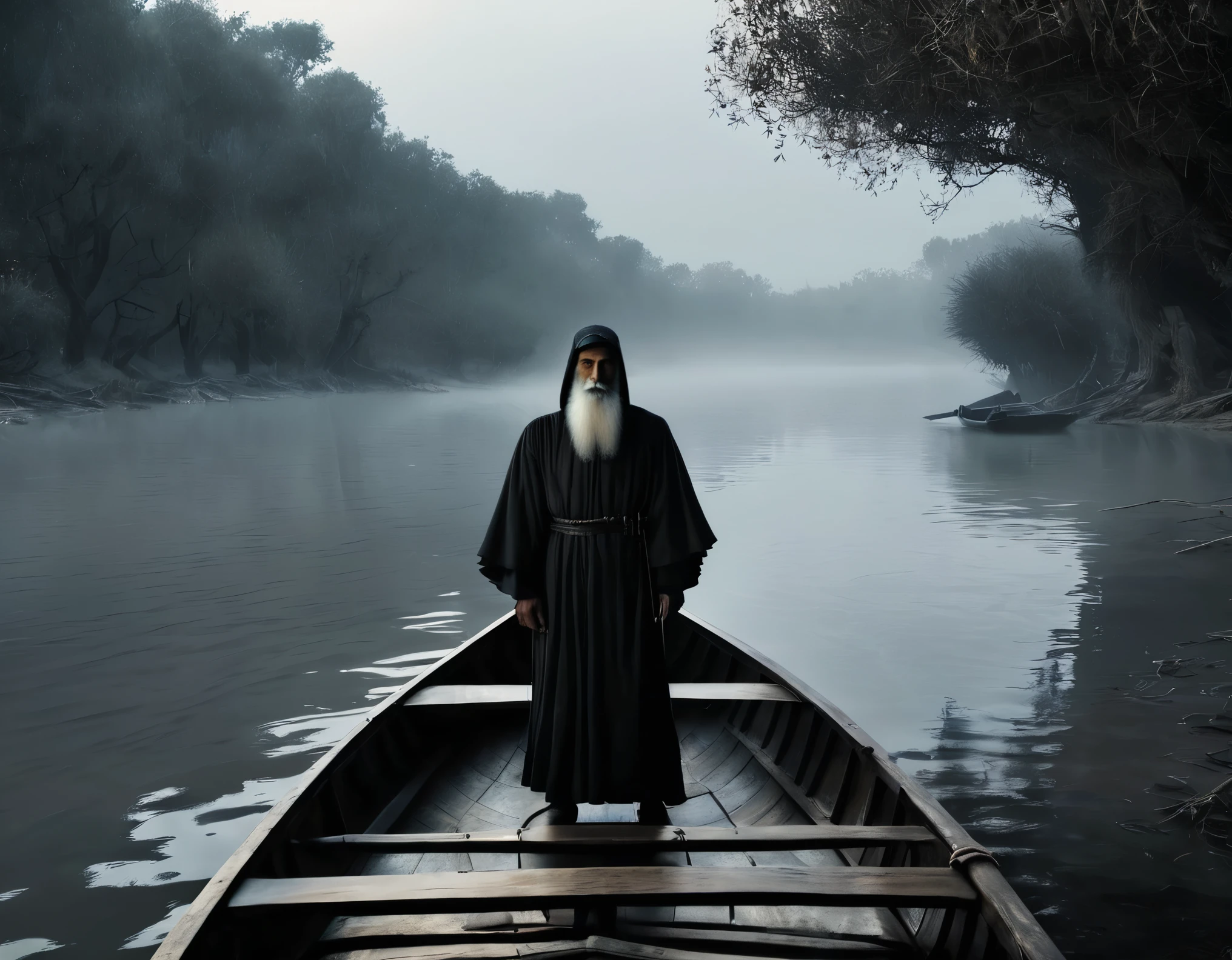 (((super realistic, lots of details, masterpiece))), In the image, created in a neural network, (((Charon, old withered boatman with a long beard, standing in his boat, which seems ancient and worn. His eyes express wisdom and sadness, and your hands confidently hold the oars))). A man with an exposed hummock is sitting in a boat, Shrouded in mystery. The environment depicts the dark and mysterious world of the kingdom of the dead. River, on which the boat floats, flows slowly and silently, as if driven by fate itself. A foggy morning creates an atmosphere of mystery and sadness. The shore is visible in the distance, covered with gloomy trees and rocks, symbolizing the gates of the kingdom of the dead. The river water reflects the pale luminary, giving the picture a certain supernatural tone. Silence and tranquility reign in this world, filled with secrets and riddles.