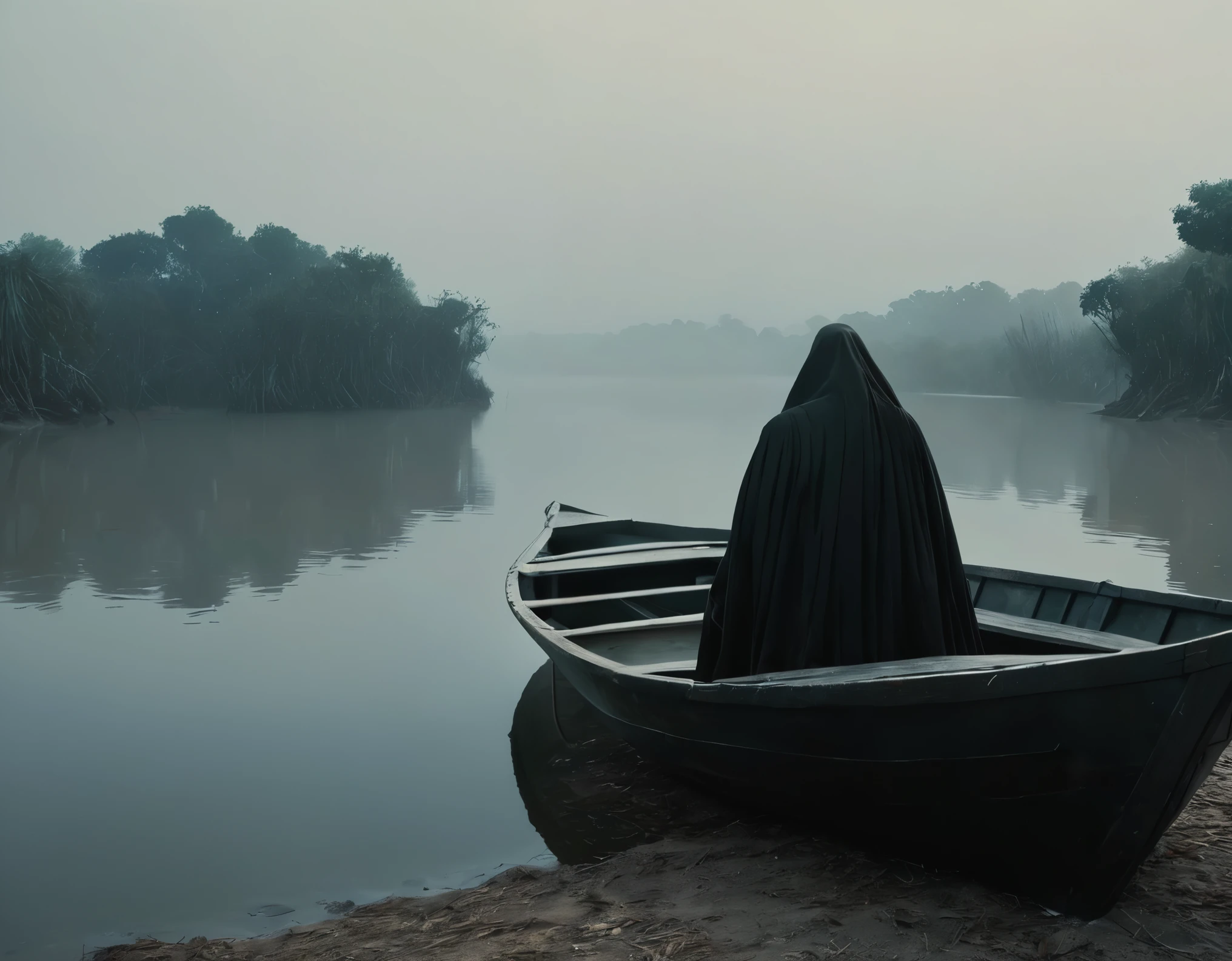 (((super realistic, lots of details, masterpiece))), In the image, created in a neural network, (((Charon, old withered boatman with a long beard, standing in his boat, which seems ancient and worn. His eyes express wisdom and sadness, and your hands confidently hold the oars))). A man with an exposed hummock is sitting in a boat, Shrouded in mystery. The environment depicts the dark and mysterious world of the kingdom of the dead. River, on which the boat floats, flows slowly and silently, as if driven by fate itself. A foggy morning creates an atmosphere of mystery and sadness. The shore is visible in the distance, covered with gloomy trees and rocks, symbolizing the gates of the kingdom of the dead. The river water reflects the pale luminary, giving the picture a certain supernatural tone. Silence and tranquility reign in this world, filled with secrets and riddles.