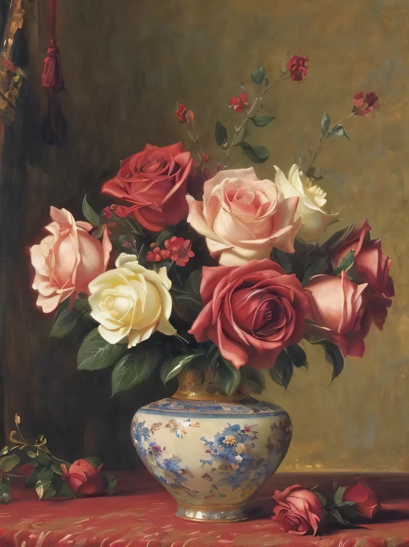 ((masterpiece、Highest quality、Very detailed、High resolution、Realistic、Sharp focus))、((No humans))、Blue rose、A large vase on a red tablecloth、masterpiece