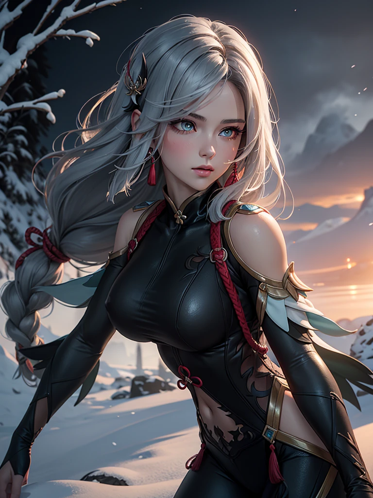 shenhedef, upper body, seductive look, blush, outdoors, snowflake scenery, looking at viewer, cloudy, moody lighting, (perfect detail eyes:1.2), glowing eyes, (long hair one braid:1.2), elemental skill effect, (Masterpiece, Best Quality, High Quality:1.4), professional artwork, Intricate Details, field of view, sharp focus, detailed painting, photorealistic lighting, trending on pixiv, (vivid lighting, vibrant colors:1.05), realistic shadows, ambient occlusion, (athletic body:1.3), mature woman, 30yo, colors RGB 
