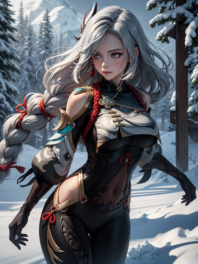 shenhedef, upper body, seductive look, blush, outdoors, snowflake scenery, looking at viewer, cloudy, moody lighting, (perfect detail eyes:1.2), glowing eyes, (long hair one braid:1.2), elemental skill effect, (Masterpiece, Best Quality, High Quality:1.4), professional artwork, Intricate Details, field of view, sharp focus, detailed painting, photorealistic lighting, trending on pixiv, (vivid lighting, vibrant colors:1.05), realistic shadows, ambient occlusion, (athletic body:1.3), mature woman, 30yo, colors RGB