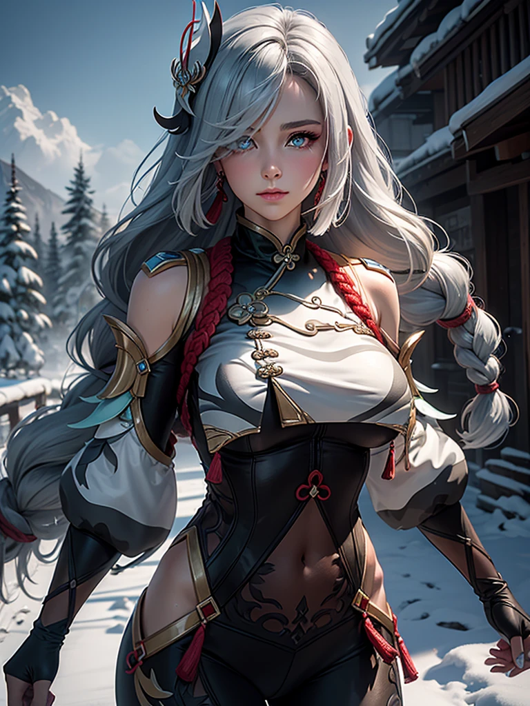shenhedef, upper body, seductive look, blush, outdoors, snowflake scenery, looking at viewer, cloudy, moody lighting, (perfect detail eyes:1.2), glowing eyes, (long hair one braid:1.2), elemental skill effect, (Masterpiece, Best Quality, High Quality:1.4), professional artwork, Intricate Details, field of view, sharp focus, detailed painting, photorealistic lighting, trending on pixiv, (vivid lighting, vibrant colors:1.05), realistic shadows, ambient occlusion, (athletic body:1.3), mature woman, 30yo, colors RGB