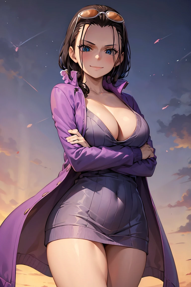 Nico robin, one piece, black hair, blue eyes, large breasts, hair slicked back,
BREAK (long sleeves, purple jacket, open clothes, sweater, coat, eyewear on head, ribbed sweater, purple sweater:1.2)
BREAK looking at viewer, smile, closed mouth, upper body, crossed arms,
BREAK ((anime girl)), best quality, expressive eyes, perfect face, (masterpiece), best quality, expressive eyes, perfect face, ((best quality)), ((ultra-detailed)), ((an extremely delicate and beautiful)), perfect eyes, perfect body, ((synmetry eyes)), beautiful eyes, ((thick thighs)), shiny skin, soft skin, ((synmetry body)), ((perfect body)),