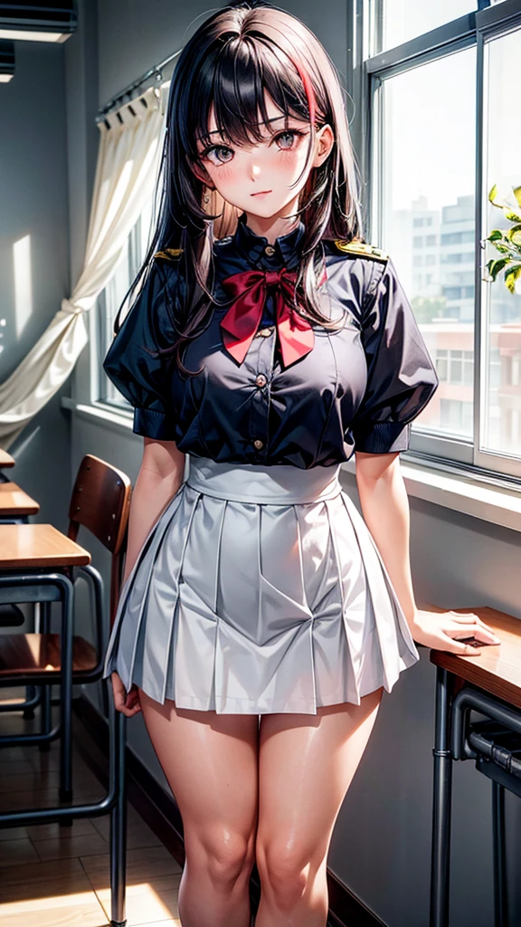 Female height: 175cm,weight: 46kg,hip circumference: cm,waist circumference: 61cm,bust: 91cm,face hair color: gray,eyes color: fiery red,Clothing: white JK short skirt uniform, scene: classroom.
