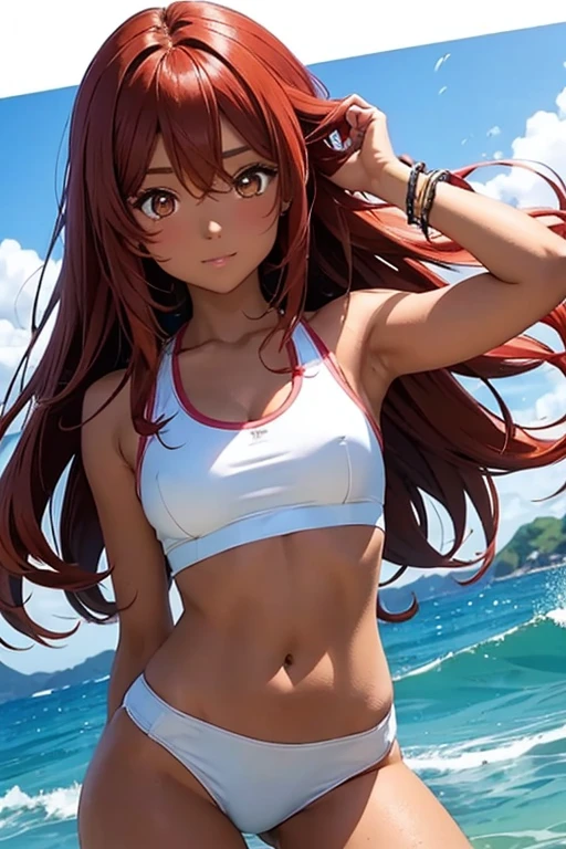 girl brown eyes red hair parted in the middle dark skin anime surfer