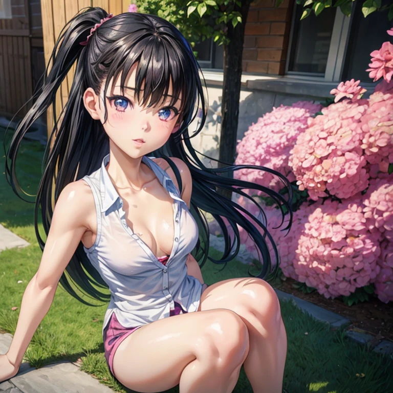 Loli anime girl, Realistic shadows, Delicate skin, The breasts are very small, Black Hair, Very detailed, 8k highly detailed face, Perfect face shape, Full, perfect lips, Perfect nose, Correction of beautiful eyes, Viewers, White shirt, Flowering, masterpiece, best quality, Single Girl, very good, No, Solitary