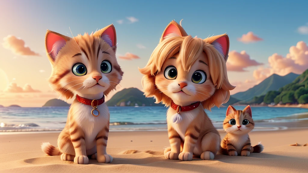 Create an ultra-realistic 4K image of a serene beach scene. The main focus should be on a person sitting comfortably on the sand with a small, adorable kitten nestled in their lap. The person should have a relaxed and content expression, enjoying the tranquil beach environment. The background should feature gentle waves lapping at the shore, with a clear blue sky and a warm, golden sunset casting a soft glow over the scene. Pay attention to fine details such as the texture of the sand, the fur of the kitten, and the expressions on both the person's and the kitten's faces
