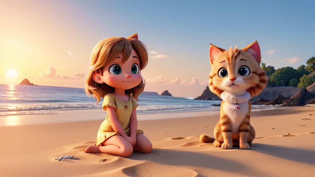 Create an ultra-realistic 4K image of a serene beach scene. The main focus should be on a person sitting comfortably on the sand with a small, adorable kitten nestled in their lap. The person should have a relaxed and content expression, enjoying the tranquil beach environment. The background should feature gentle waves lapping at the shore, with a clear blue sky and a warm, golden sunset casting a soft glow over the scene. Pay attention to fine details such as the texture of the sand, the fur of the kitten, and the expressions on both the person's and the kitten's faces