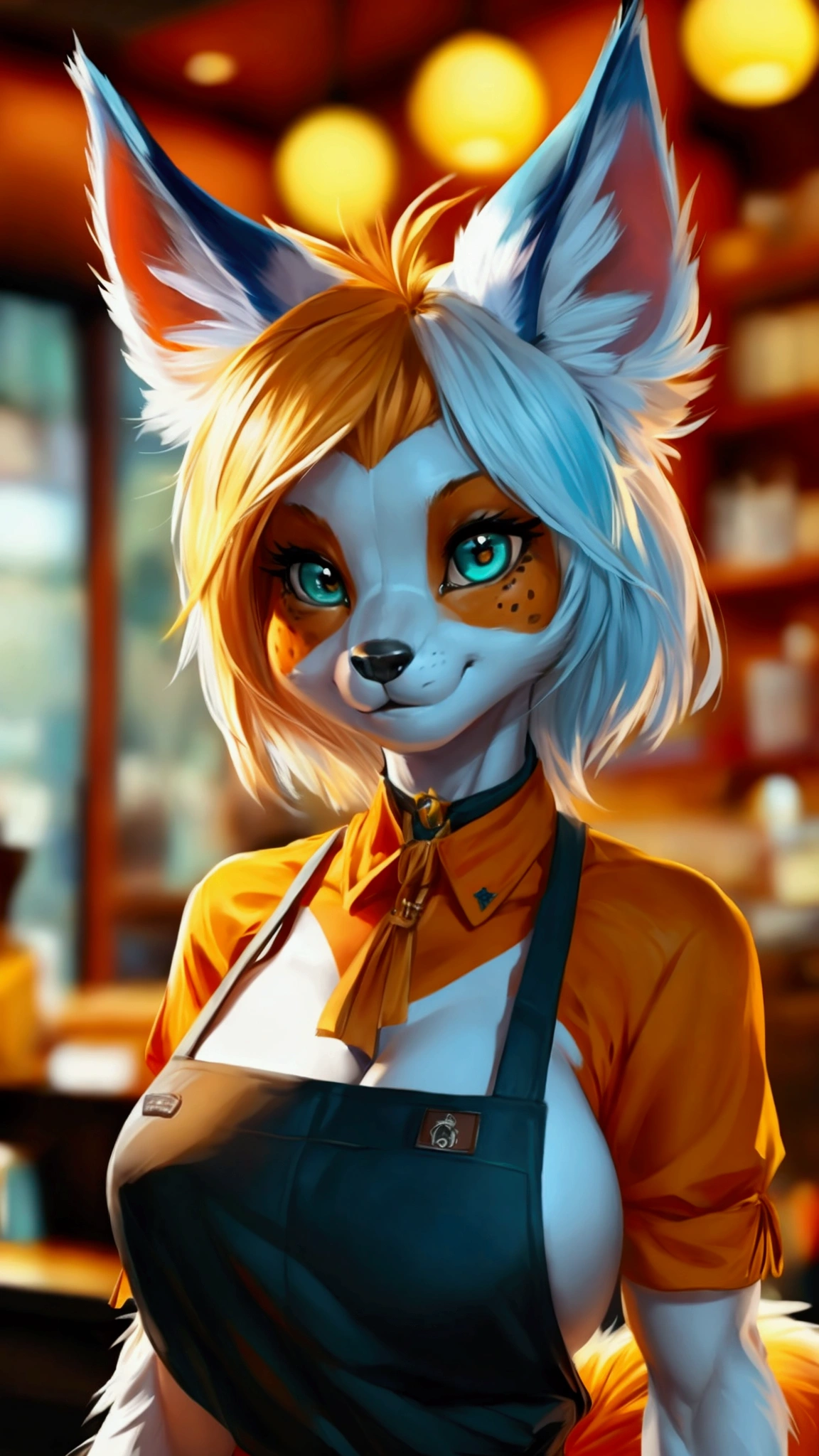 (anthro)) vixen/fox, Ross Tran, by ruan jia, by zaush, by foxovh, by cutesexyrobutts, by cervina_7, by sligarthetiger, Best Quality, masterpiece,, Illustration, Wallpaper,1girl in, Solo, orange fur, white hair, mohawk on one side, ,mohawk haircut, the end tips of hair are aqua blue, dot piercings 3 in 2 row down her snoot, multipule golden ear piercings , golden yellow eyes, glowing eyes, Beautiful detailed girl, extremely detailed eye and face, black dragon tattoo on her arm, tattoos, Beautiful detailed eyes, natural_Lighting, Looking at Viewer, Thick_thighs, big ass, tall, hourglass figure, female, cute, Starbuck, casher, barista, Starbucks apron, large breasts, natural breasts, tail, tall, happy expresion, wide hips thin waist, 8k