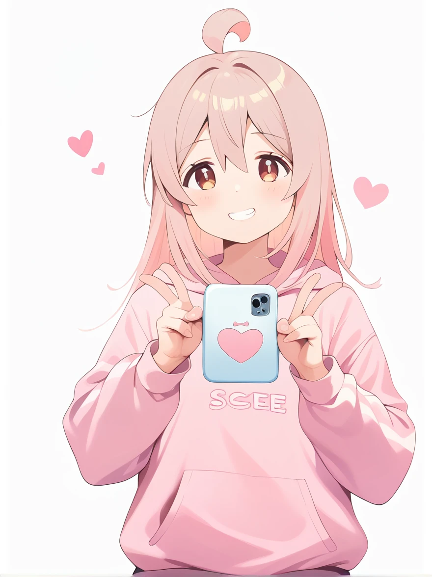 1girl, extremely detailed, highly detailed, (best quality,4k,8k,highres,masterpiece:1.2),ultra-detailed,(realistic,photorealistic,photo-realistic:1.37), anime, oyama mahiro, pink hoodie, oversized hoodie, smirk, grin, double v, simple background, white outline, heart with fingers, score_9, score_8_up, score_7_up, source_anime