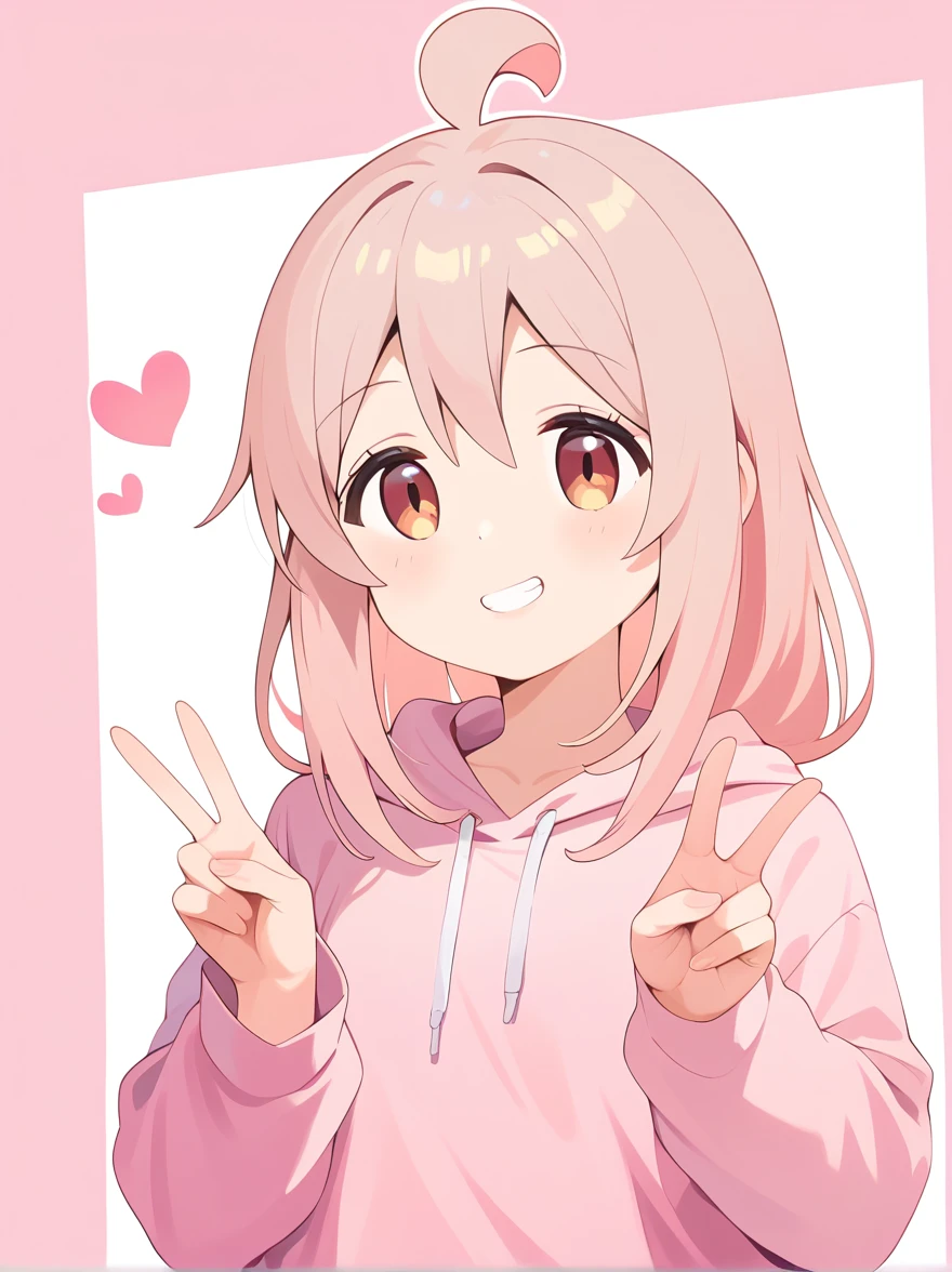 1girl, extremely detailed, highly detailed, (best quality,4k,8k,highres,masterpiece:1.2),ultra-detailed,(realistic,photorealistic,photo-realistic:1.37), anime, oyama mahiro, pink hoodie, oversized hoodie, smirk, grin, double v, simple background, white outline, heart with fingers, score_9, score_8_up, score_7_up, source_anime