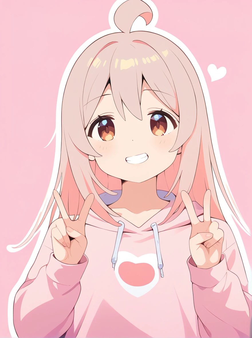 1girl, extremely detailed, highly detailed, (best quality,4k,8k,highres,masterpiece:1.2),ultra-detailed,(realistic,photorealistic,photo-realistic:1.37), anime, oyama mahiro, pink hoodie, oversized hoodie, smirk, grin, double v, simple background, white outline, heart with fingers, score_9, score_8_up, score_7_up, source_anime