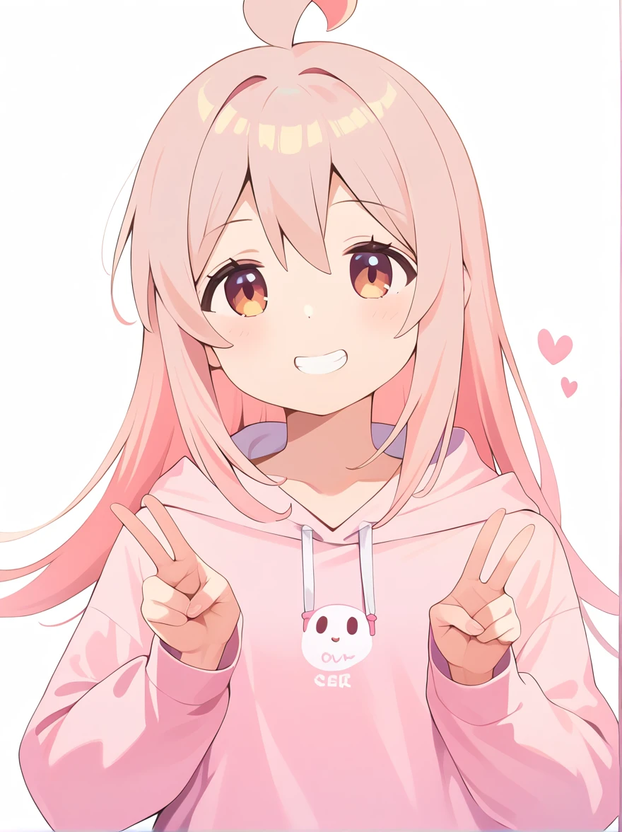 1girl, extremely detailed, highly detailed, (best quality,4k,8k,highres,masterpiece:1.2),ultra-detailed,(realistic,photorealistic,photo-realistic:1.37), anime, oyama mahiro, pink hoodie, oversized hoodie, smirk, grin, double v, simple background, white outline, heart with fingers, score_9, score_8_up, score_7_up, source_anime