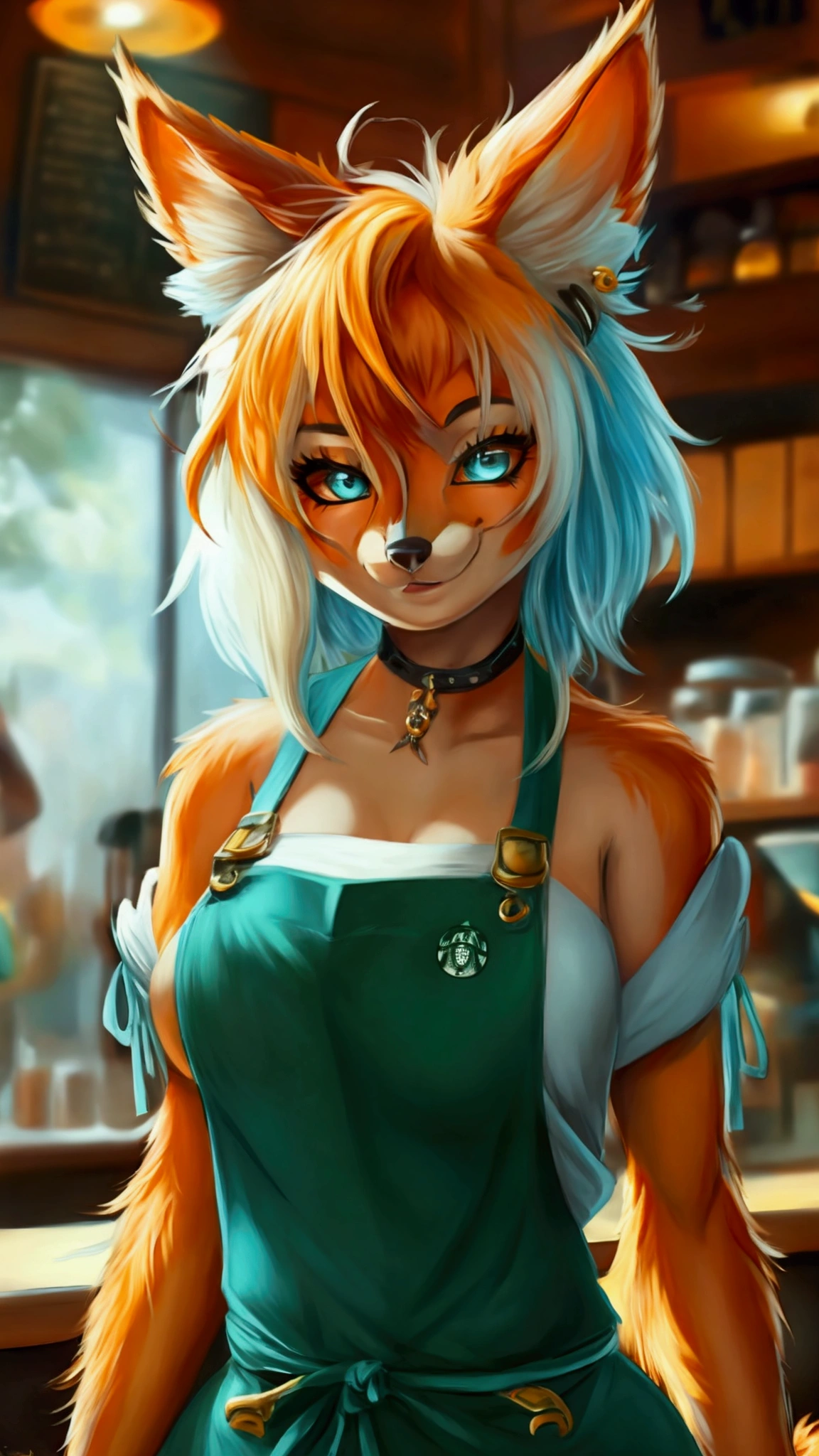 (anthro)) vixen/fox, Best Quality, masterpiece,, Illustration, Wallpaper,1girl in, Solo, orange fur, white hair, mohawk on one side, ,mohawk haircut, the end tips of hair are aqua blue, dot piercings 3 in 2 row down her snoot, multipule golden ear piercings , golden yellow eyes, glowing eyes, Beautiful detailed girl, extremely detailed eye and face, black dragon tattoo on her arm, tattoos, Beautiful detailed eyes, natural_Lighting, Looking at Viewer, Thick_thighs, big ass, tall, hourglass figure, female, cute, Starbuck, casher, barista, Starbucks apron, large breasts, natural breasts, tail, tall, happy expresion, wide hips thin waist, 8k