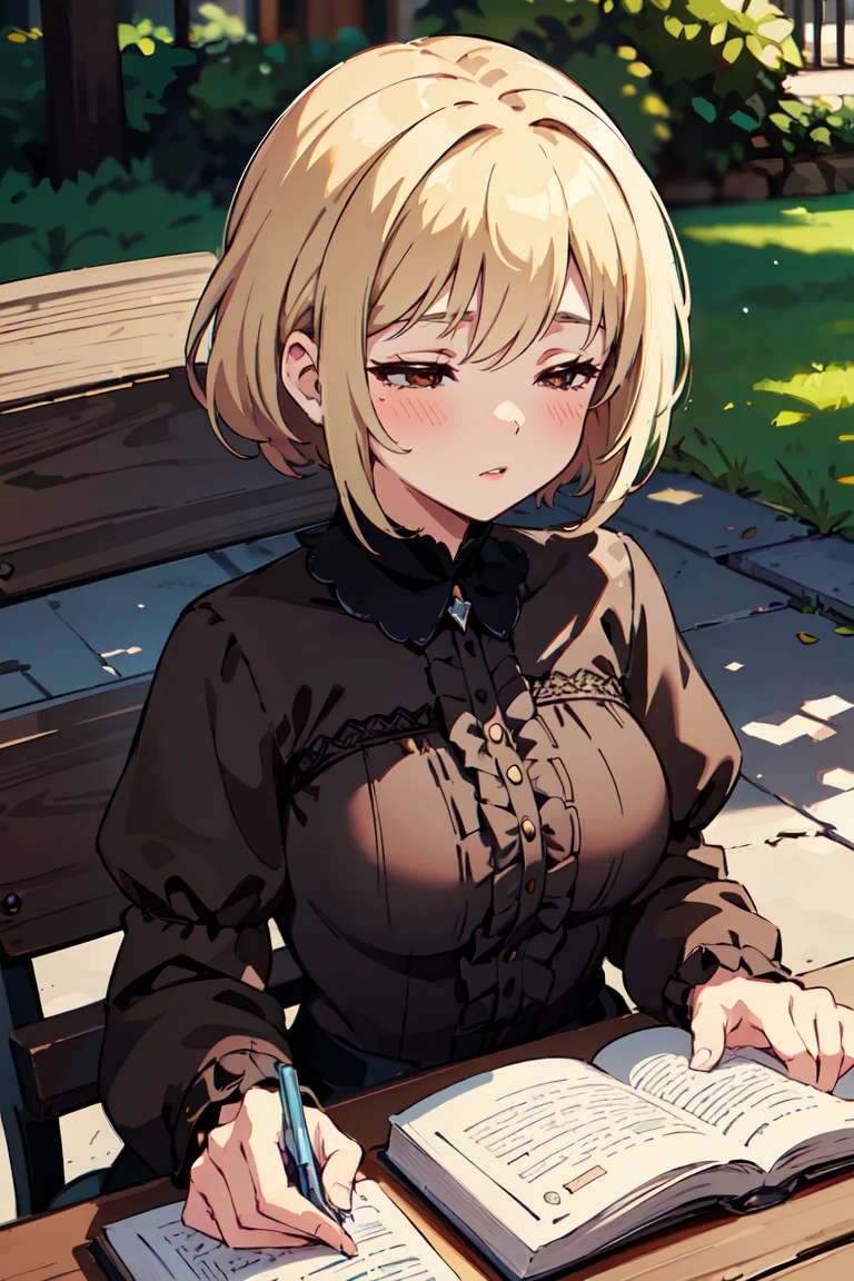 masterpiece, best quality, highly detailed background, perfect lighting, best quality, (extremely detailed face), volumetric lighting, intricate details, shadow, tonemapping, sharp focus, hyper detailed, trending on Artstation, (solo) ((Looking at the book)) .Girl with short blond hair. Brown eyes. curvy. Blush, Clear skin. Big bust.((Gothic dressed)). ((Sitting in the park reading)) ((Ojos cerrados)) ((Closed eyes))