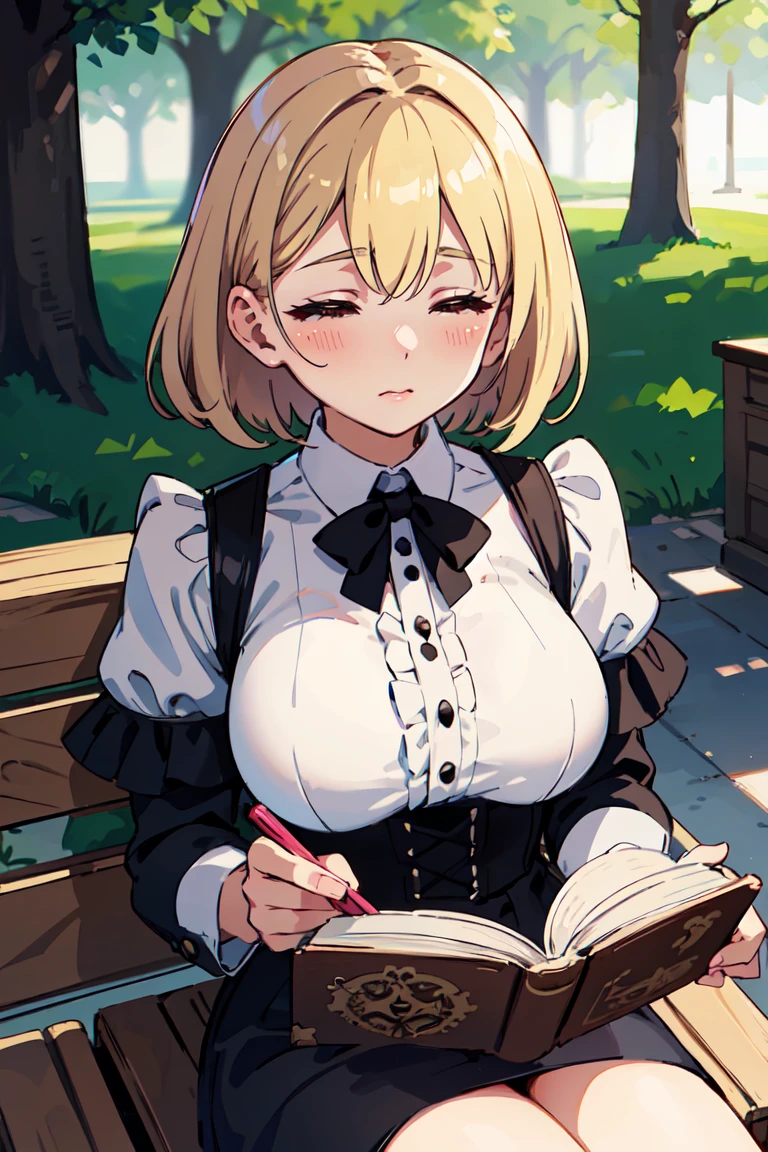 masterpiece, best quality, highly detailed background, perfect lighting, best quality, (extremely detailed face), volumetric lighting, intricate details, shadow, tonemapping, sharp focus, hyper detailed, trending on Artstation, (solo) ((Looking at the book)) .Girl with short blond hair.  Brown eyes. curvy. Blush, Clear skin.  Big bust.((Gothic dressed)). ((Sitting in the park reading)) ((Ojos cerrados)) ((Closed eyes))
