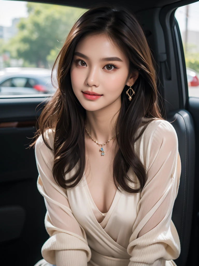 Masterpiece, best quality, 8K, photorealistic, anatomically correct, depth of field, Young Thai woman, 21 years old, Sitting alone in the car, My hair is long and wavy., light brown hair, Fierce eyes, Long-eyed legs, plump lips, cheekbone, upturned nose, Protruding chin, tan skin, small hoop earrings, necklace, bangle, The figure is very thin., Dark eyebrows, Blush red cheeks, Eyes on the camera, smile a little, Long sleeve silk clothes, small breasts, Jeans 