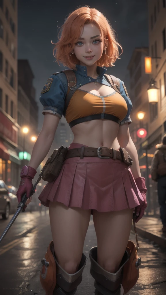 1 girl,cowboy shot, beautiful, looking at the viewer, smile, short hair, blue eyes, heart cutout, gloves, jacket, pink skirt, pink belt, short sleeve, puff sleeves, single armband, fingerless gloves, orange hair, pink gloves, dynamic pose, night, outdoors, city, (volumetric lighting), best quality, artwork, intricate details, tone mapping, sharp focus, hyper detailed, trending on ArtStation,