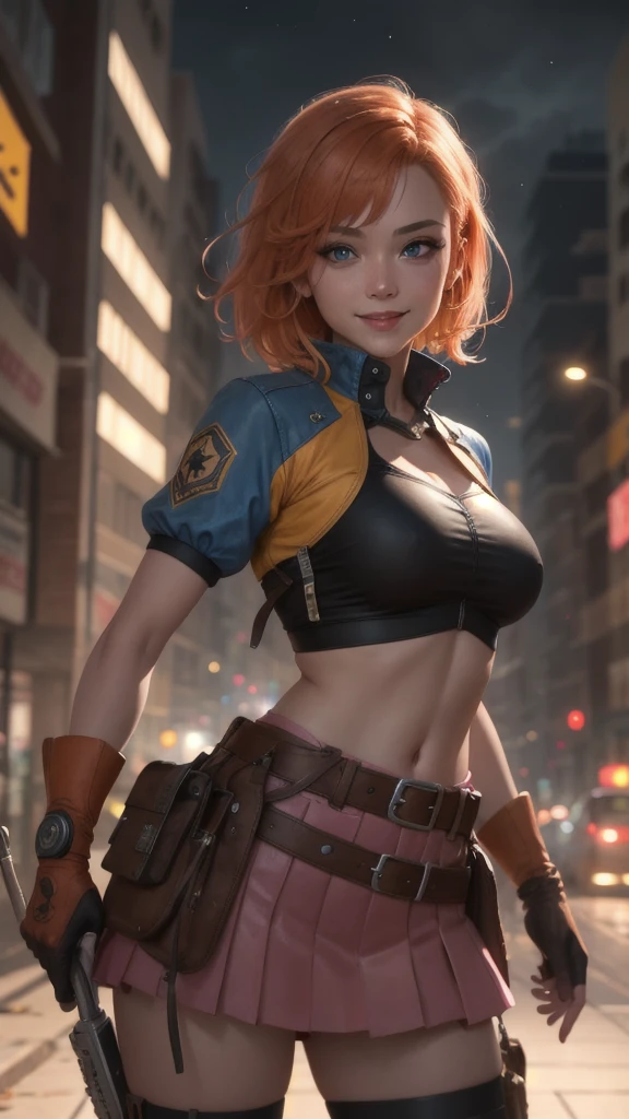 1 girl,cowboy shot, beautiful, looking at the viewer, smile, short hair, blue eyes, heart cutout, gloves, jacket, pink skirt, pink belt, short sleeve, puff sleeves, single armband, fingerless gloves, orange hair, pink gloves, dynamic pose, night, outdoors, city, (volumetric lighting), best quality, artwork, intricate details, tone mapping, sharp focus,  hyper detailed, trending on ArtStation,