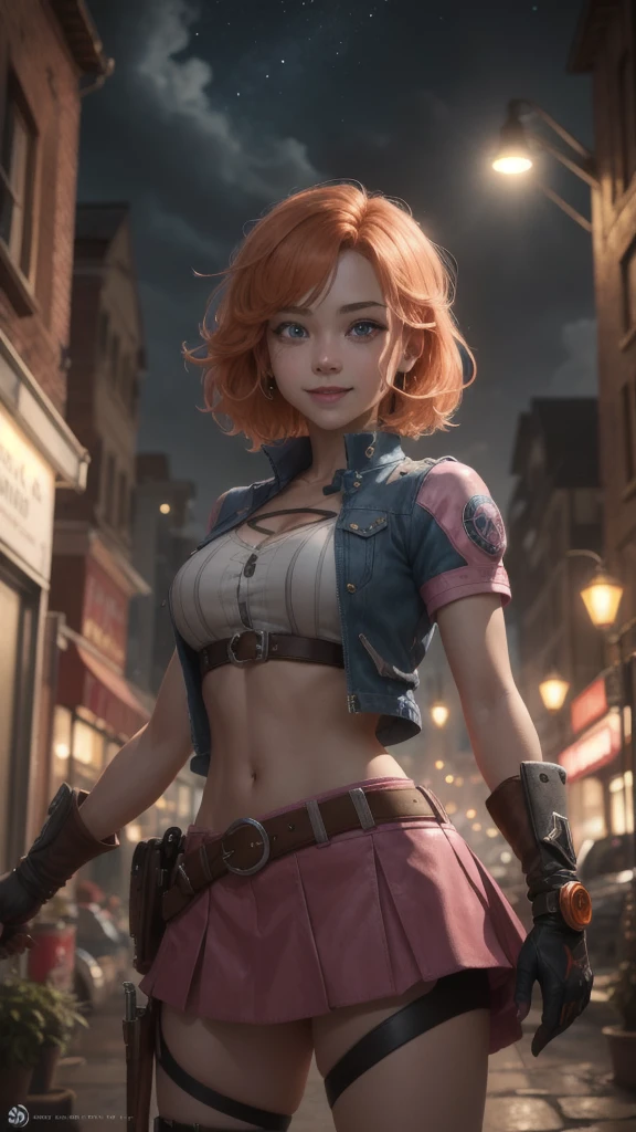 1 girl,cowboy shot, beautiful, looking at the viewer, smile, short hair, blue eyes, heart cutout, gloves, jacket, pink skirt, pink belt, short sleeve, puff sleeves, single armband, fingerless gloves, orange hair, pink gloves, dynamic pose, night, outdoors, city, (volumetric lighting), best quality, artwork, intricate details, tone mapping, sharp focus, hyper detailed, trending on ArtStation,