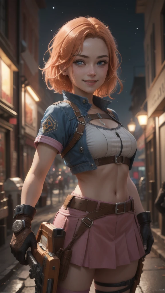 1 girl,cowboy shot, beautiful, looking at the viewer, smile, short hair, blue eyes, heart cutout, gloves, jacket, pink skirt, pink belt, short sleeve, puff sleeves, single armband, fingerless gloves, orange hair, pink gloves, dynamic pose, night, outdoors, city, (volumetric lighting), best quality, artwork, intricate details, tone mapping, sharp focus,  hyper detailed, trending on ArtStation,