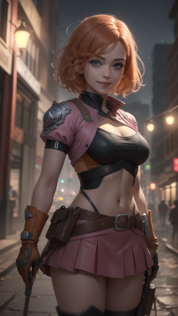 1 girl,cowboy shot, beautiful, looking at the viewer, smile, short hair, blue eyes, heart cutout, gloves, jacket, pink skirt, pink belt, short sleeve, puff sleeves, single armband, fingerless gloves, orange hair, pink gloves, dynamic pose, night, outdoors, city, (volumetric lighting), best quality, artwork, intricate details, tone mapping, sharp focus,  hyper detailed, trending on ArtStation,