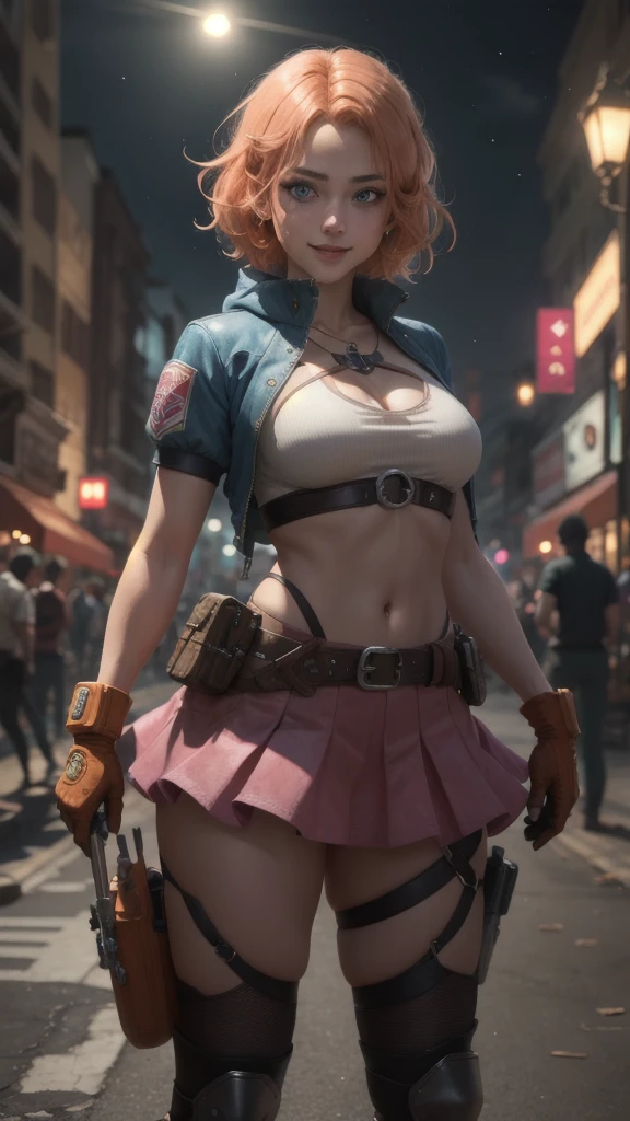1 girl,cowboy shot, beautiful, looking at the viewer, smile, short hair, blue eyes, heart cutout, gloves, jacket, pink skirt, pink belt, short sleeve, puff sleeves, single armband, fingerless gloves, orange hair, pink gloves, dynamic pose, night, outdoors, city, (volumetric lighting), best quality, artwork, intricate details, tone mapping, sharp focus,  hyper detailed, trending on ArtStation,