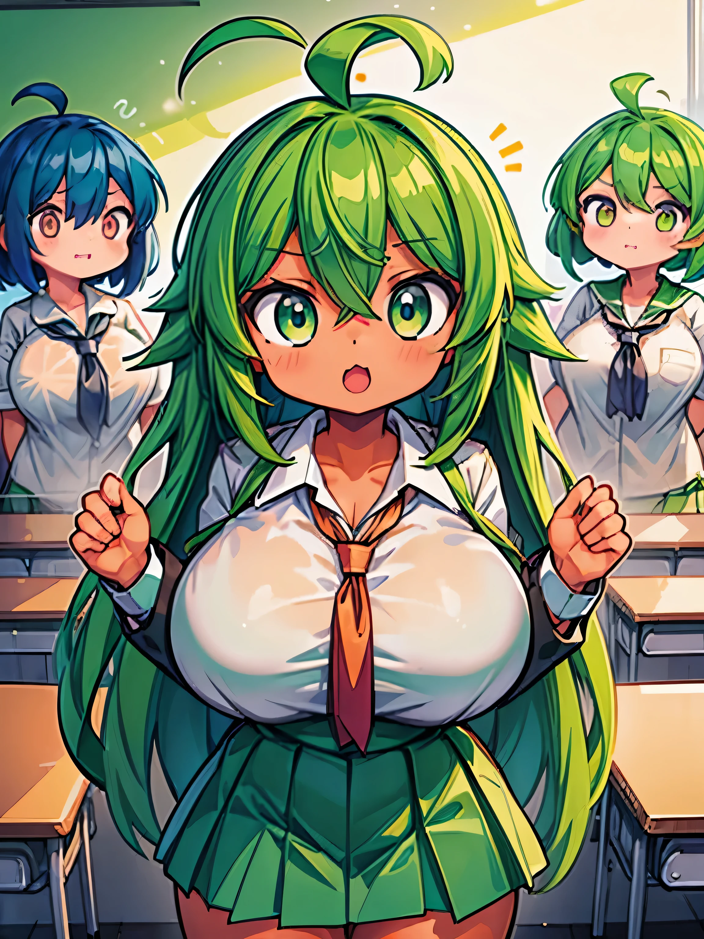 (tanned girl green hair:1.2), (full of people big classroom:1.2), (breasts big), (obra-prima pixiv:1.2), (ahoge:1.3), (schoolar uniform:1.0)