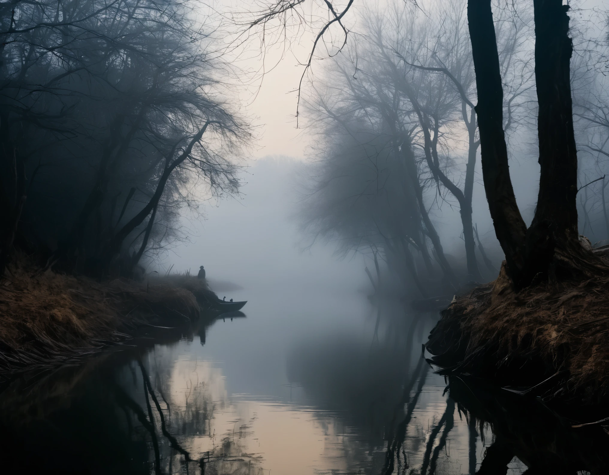 (((super realistic, lots of details, masterpiece))), In the image, created in a neural network, (((Charon, old withered boatman with a long beard, standing in his boat, which seems ancient and worn. His eyes express wisdom and sadness, and your hands confidently hold the oars))). A man with an exposed hummock is sitting in a boat, Shrouded in mystery. The environment depicts the dark and mysterious world of the kingdom of the dead. River, on which the boat floats, flows slowly and silently, as if driven by fate itself. A foggy morning creates an atmosphere of mystery and sadness. The shore is visible in the distance, covered with gloomy trees and rocks, symbolizing the gates of the kingdom of the dead. The river water reflects the pale luminary, giving the picture a certain supernatural tone. Silence and tranquility reign in this world, filled with secrets and riddles.
