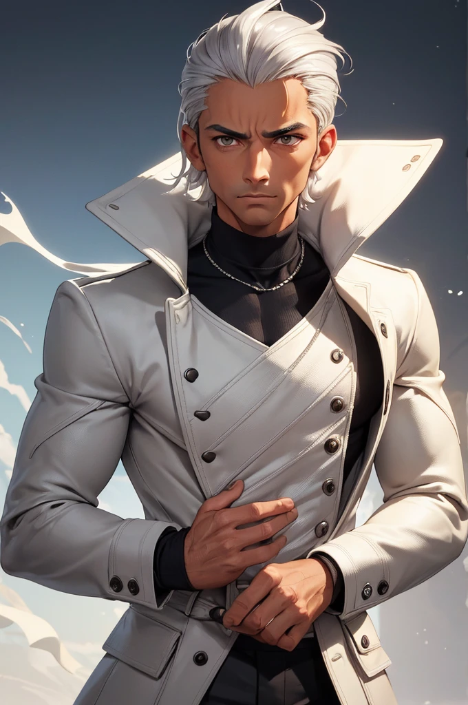 (best quality), 1boy, mature man, 34 years old, tanned skin, silver hair, short hair, hair loosely combed back, brown eyes, perfect eyes, muscular, handsome, small waist, strong jawline, cold expression, black turtleneck, coat jacket, fully clothed, clean face, masterpiece, anatomically correct, highres
