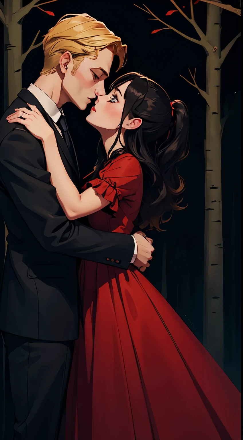 A dark forest background.
A girl with blonde hair in a red dress. Being kissed by a man with black hair wearing a suit