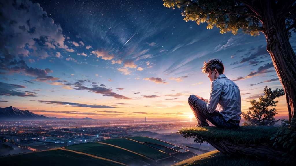 Man sitting alone, resting under a tree in a high-altitude field, looking at the view of the futuristic city at night.